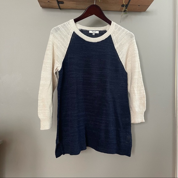 Madewell Raglan Baseball Sweater Size Medium Navy Blue & Cream Linen/Cotton/Silk - Picture 2 of 9
